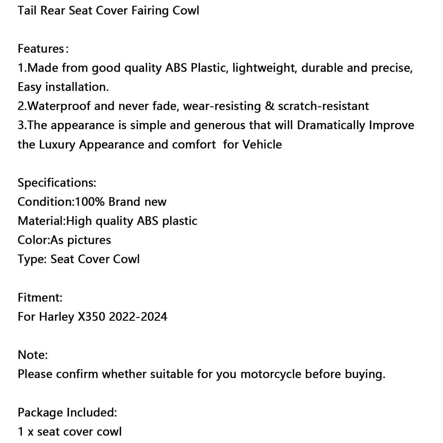 2022-2024 Harley X350 Coda Coprisella Posteriore Carenatura Cappuccio