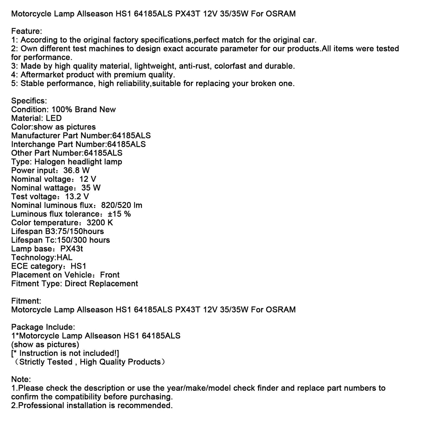 Lampada per moto Allseason HS1 64185ALS PX43T 12V 35/35W per OSRAM