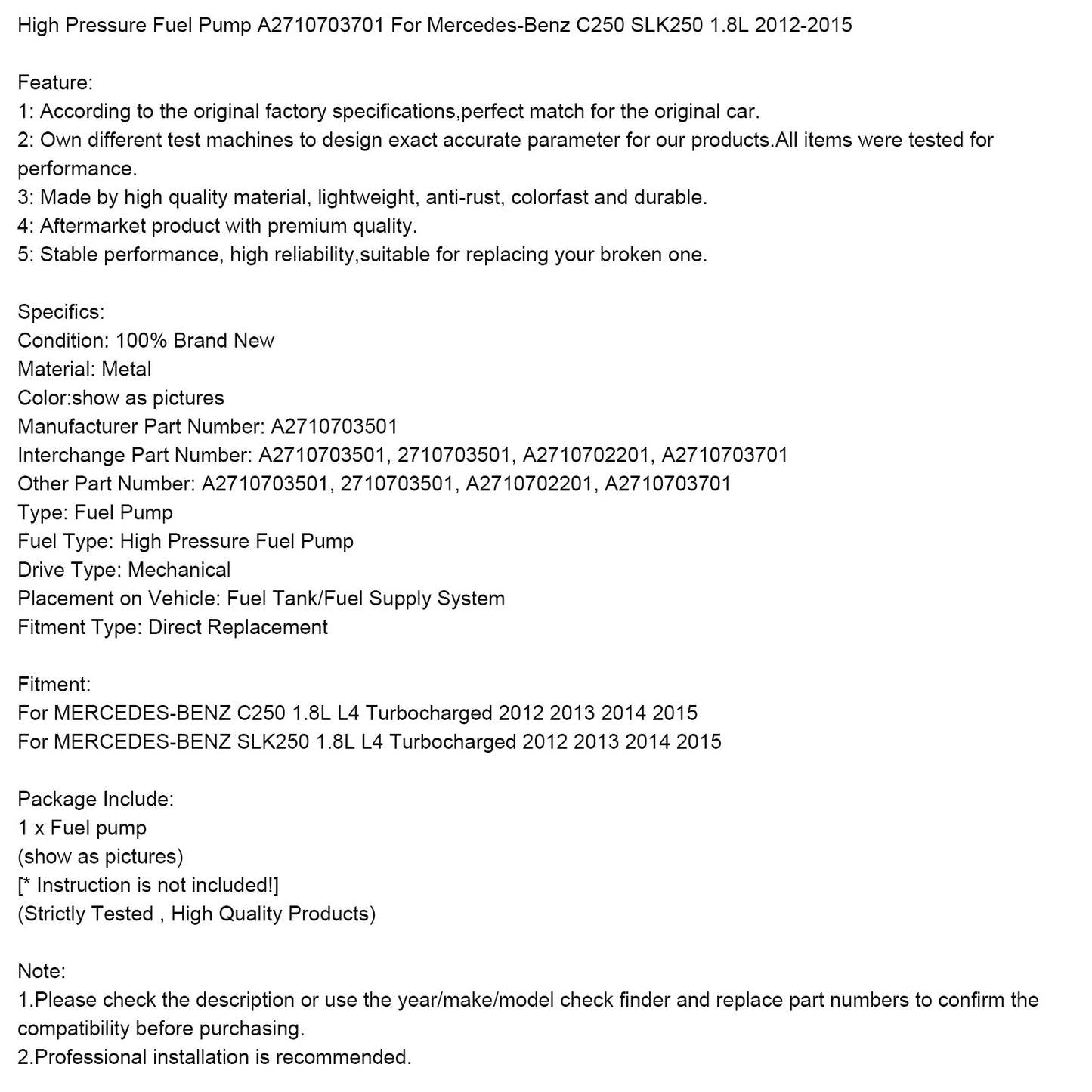 Pompa carburante ad alta pressione A2710703701 per Mercedes-Benz C250 SLK250 1.8L 2012-2015