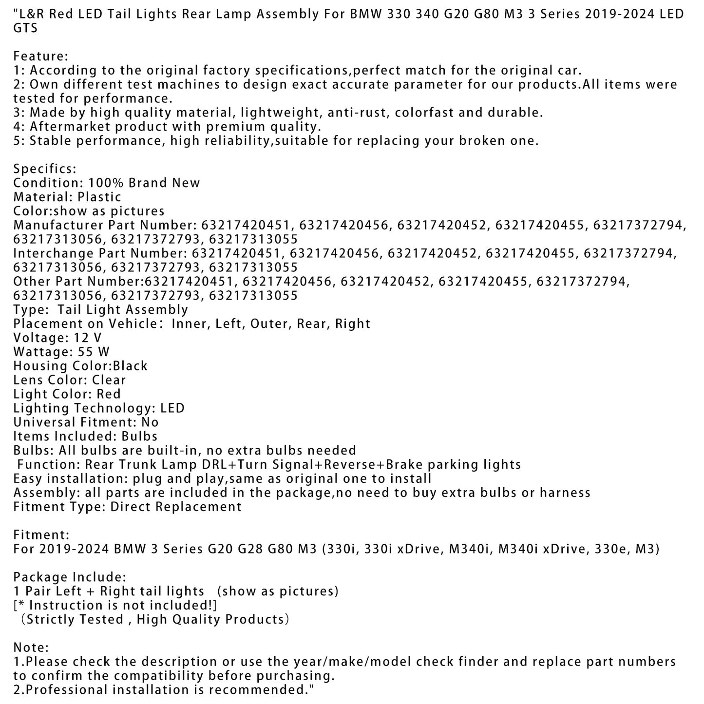 Gruppo ottico posteriore a LED rossi L&R per BMW Serie 3 G20 G28 G80 M3 2019-2024