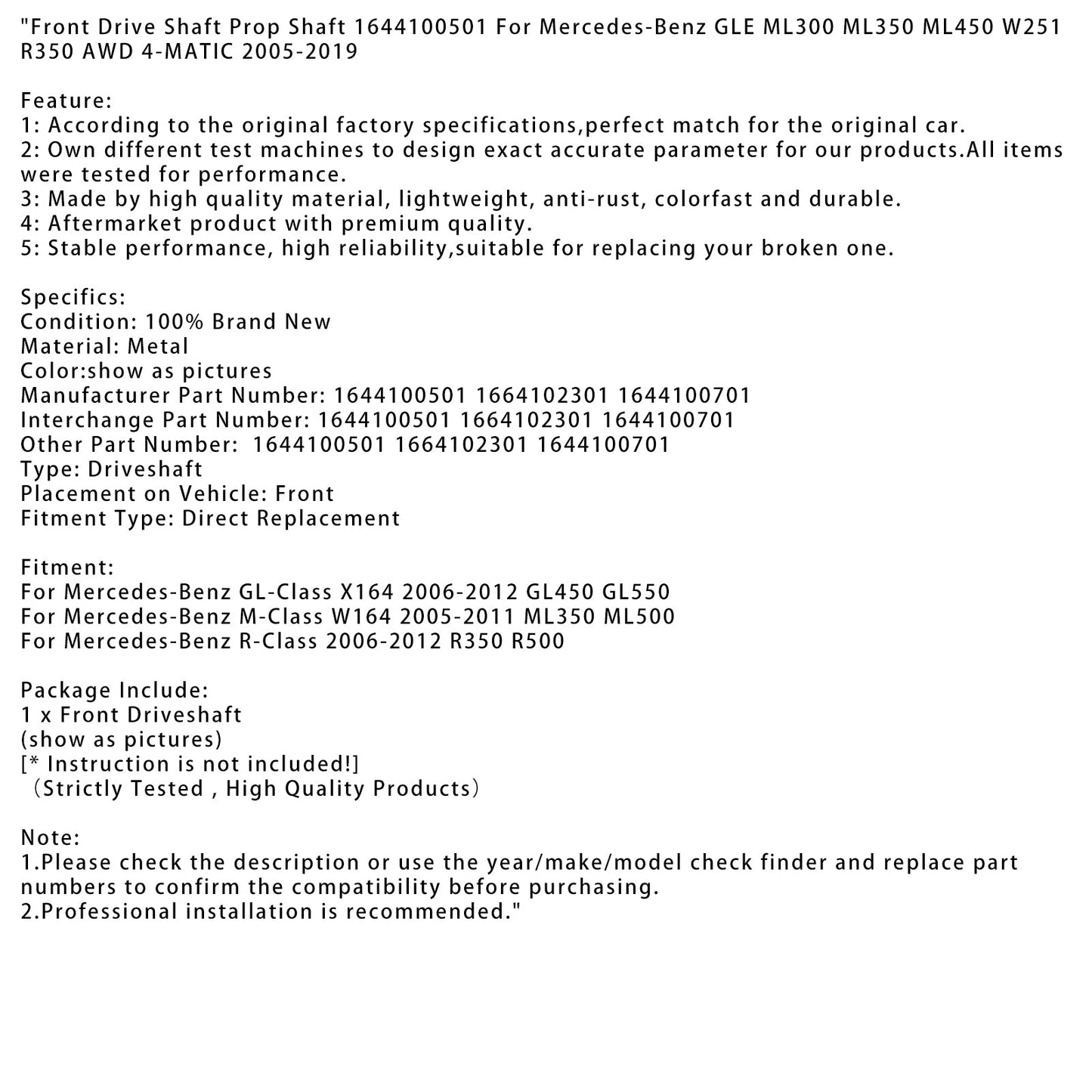 Albero di trasmissione anteriore Mercedes-Benz Classe R R350 R500 2006-2012 1644100501 1644100701 1664102301