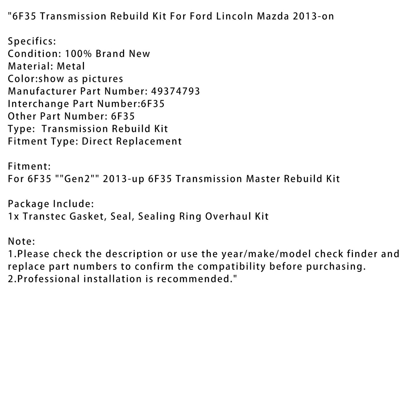 Kit di revisione della trasmissione Ford Lincoln Mazda 6F35 dal 2013 in poi