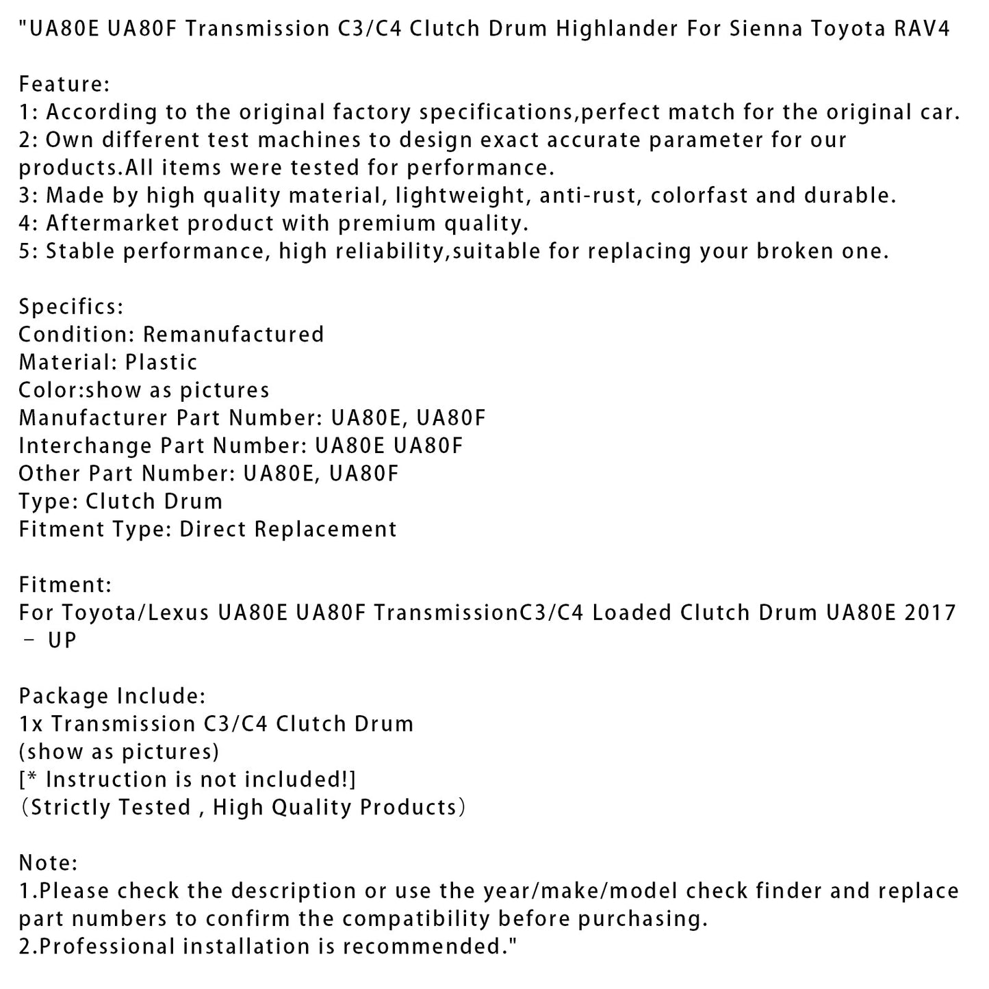 2017–UP Sienna Toyota RAV4 UA80E UA80F Trasmissione C3/C4 Tamburo frizione Highlander