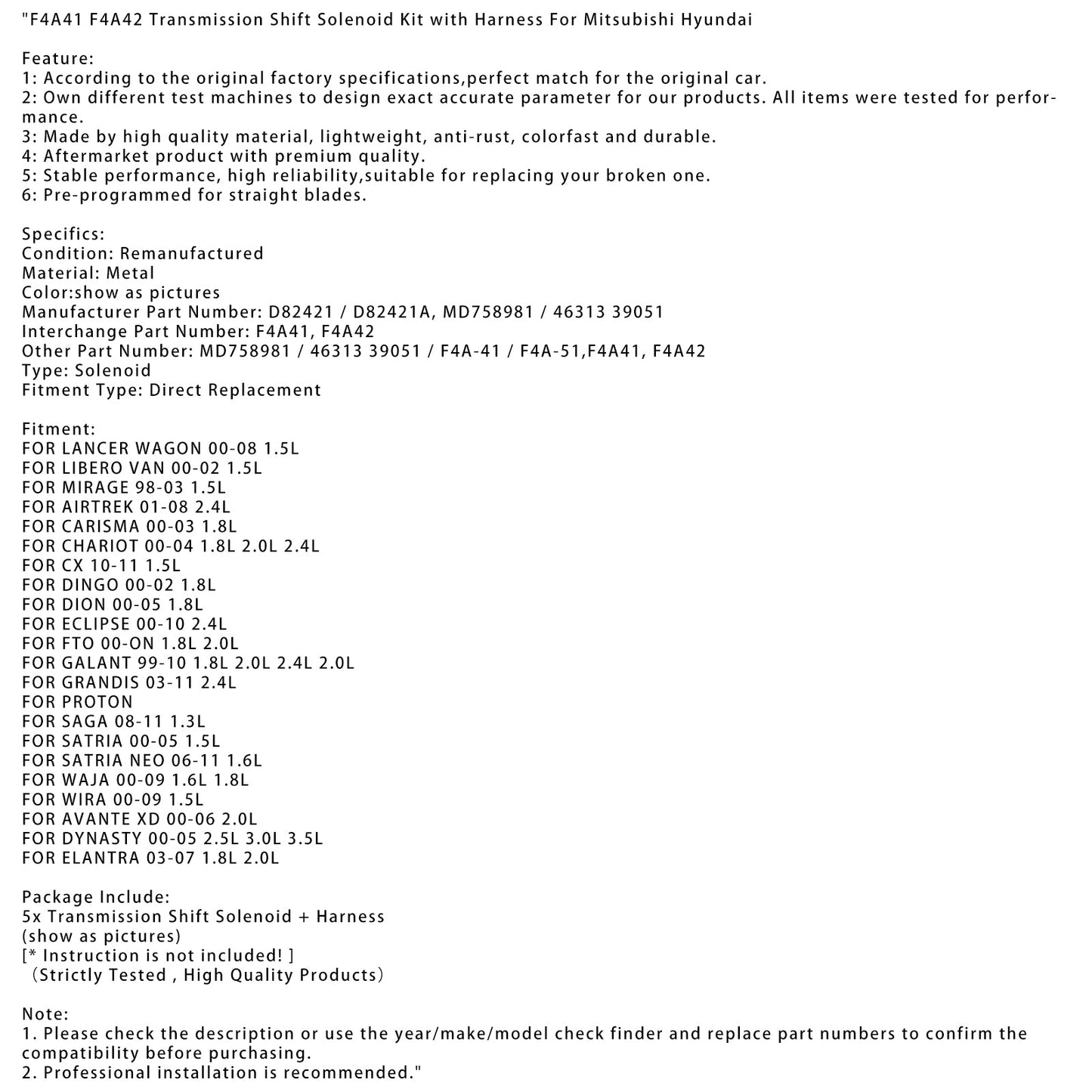 Kit solenoide cambio MIRAGE 1.5L 1998-2003 con cablaggio F4A41 F4A42
