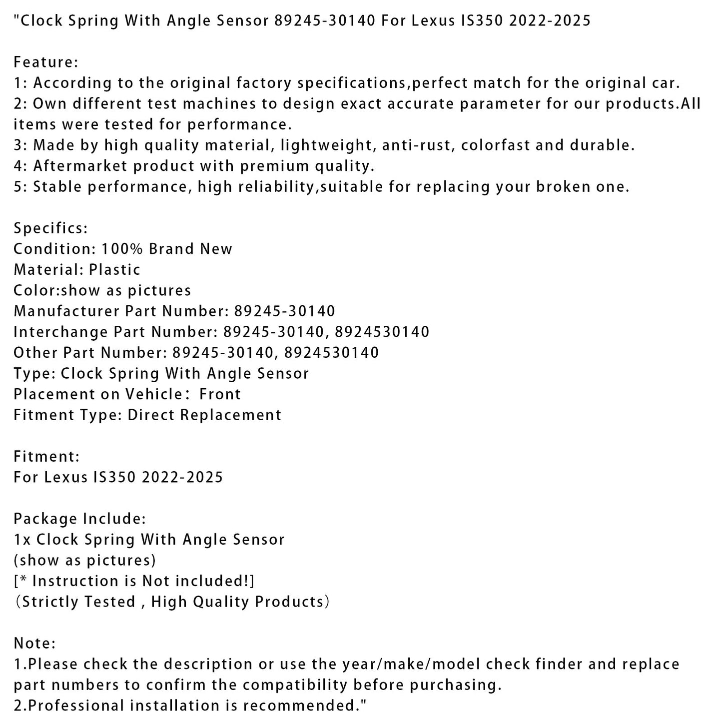 Molla di rinvio con sensore angolare per Lexus IS350 2022-2025 89245-30140