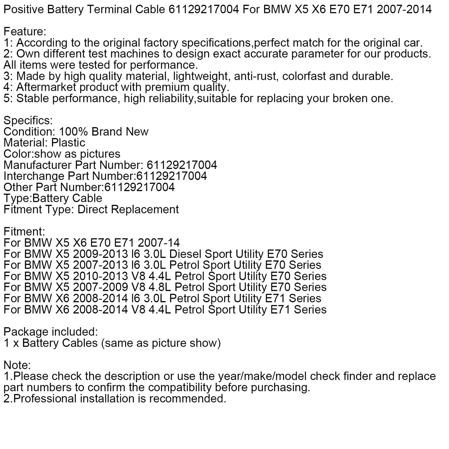 Cavo terminale positivo della batteria 61129217004 per BMW X5 X6 E70 E71 2007-2014