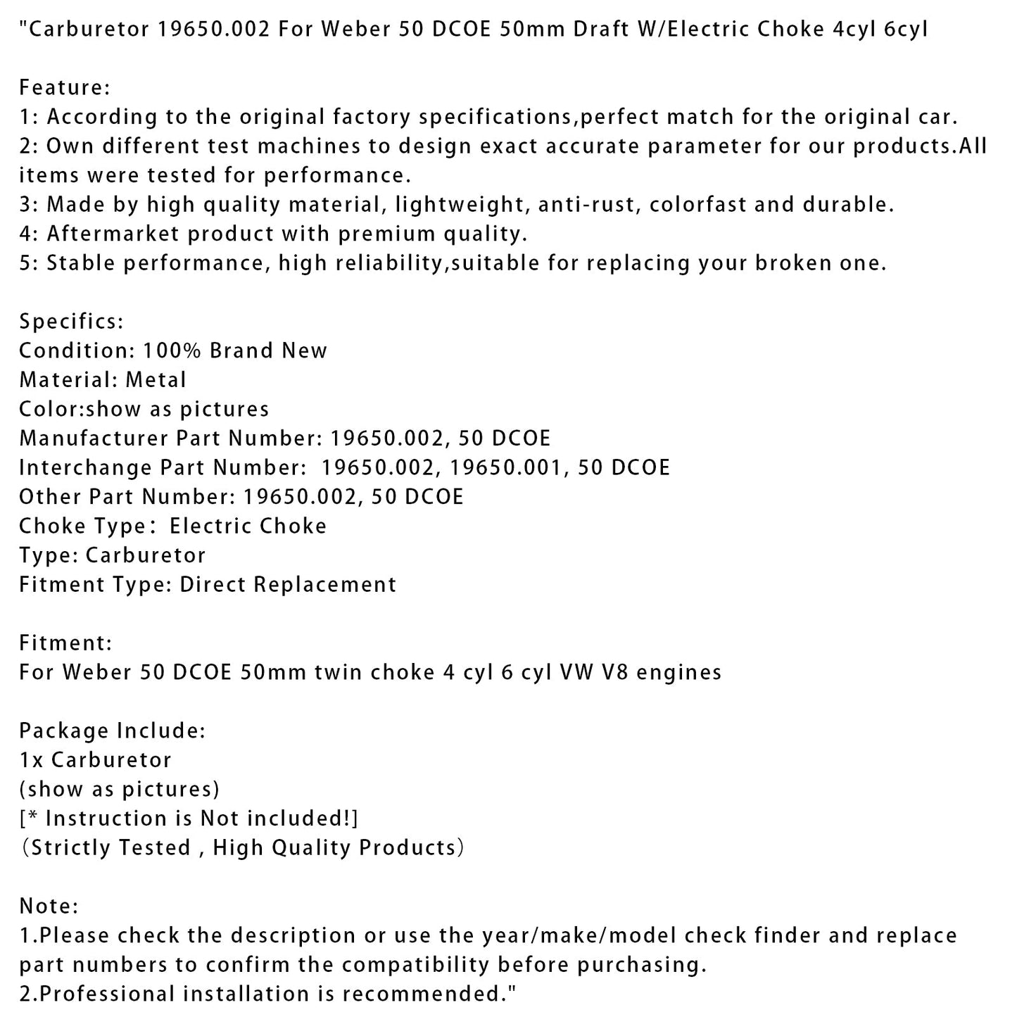 Carburatore 19650.002 per Weber 50 DCOE 50 mm di tiraggio con starter elettrico 4 cilindri 6 cilindri