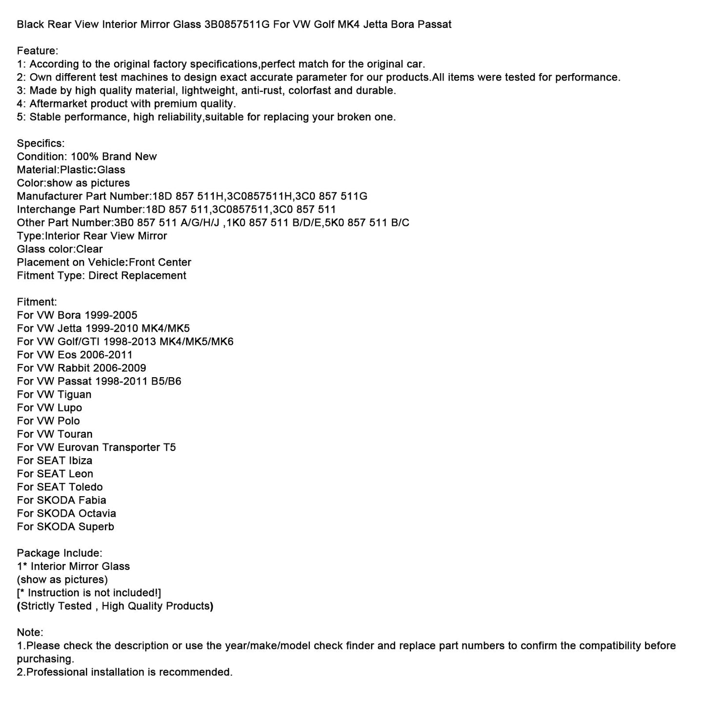 Specchietto retrovisore interno nero 3B0857511G per VW Golf MK4 Jetta Passat