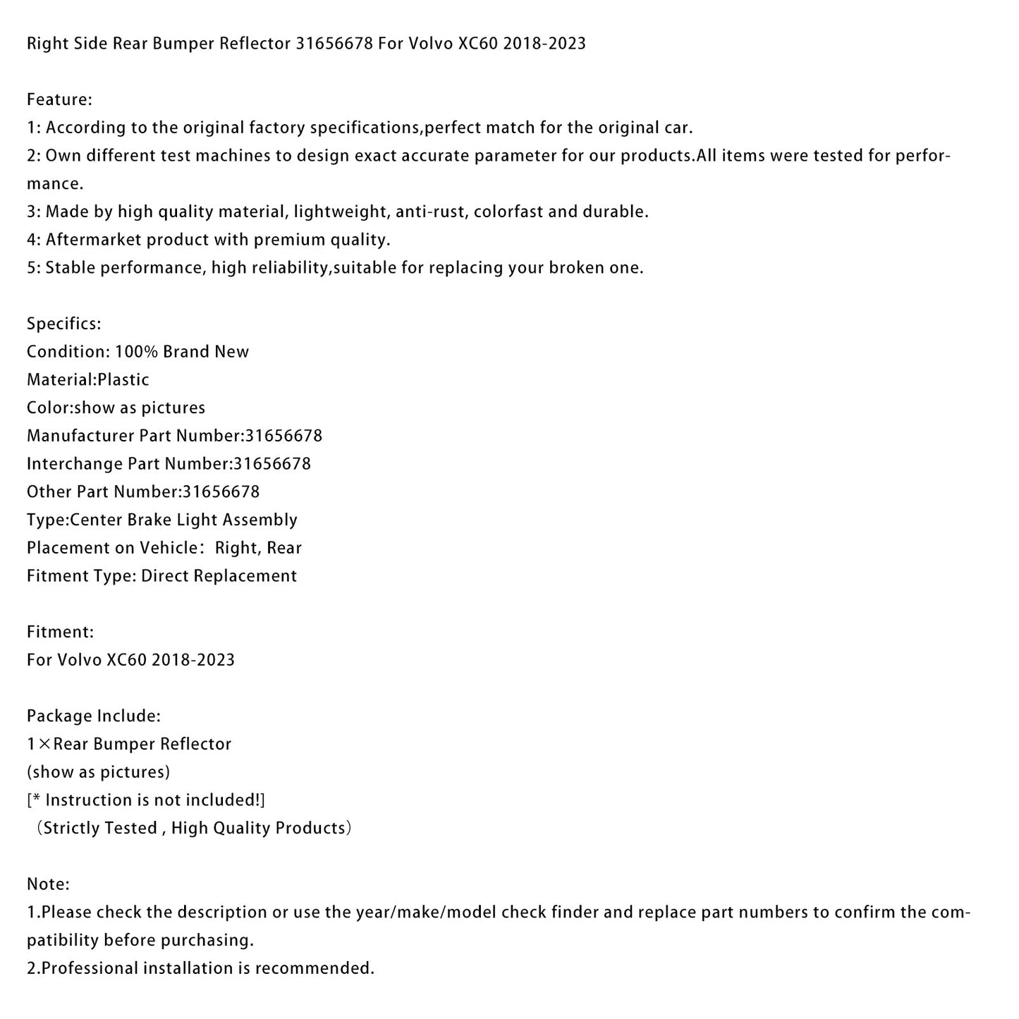 Riflettore paraurti posteriore destro Volvo XC60 2018-2023 31656678