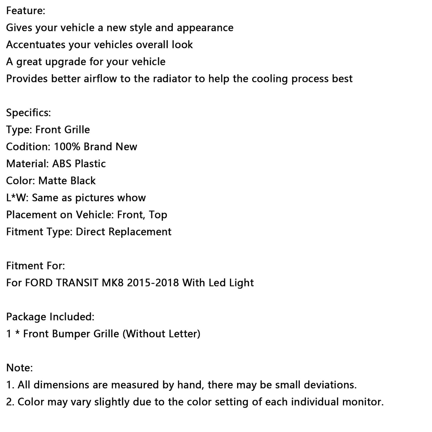 Griglia paraurti anteriore nera opaca Ford Transit MK8 Raptor 2015-2018 con LED