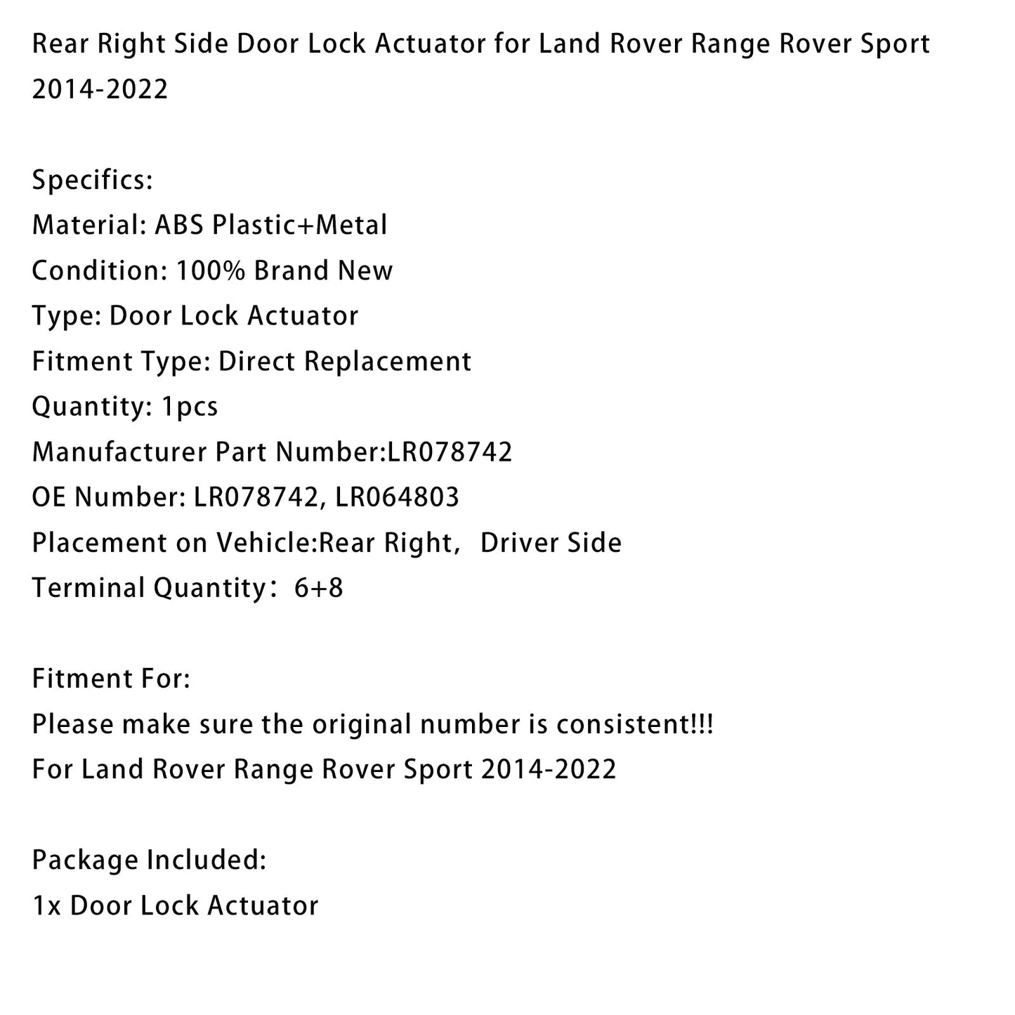 Attuatore serratura portiera posteriore destra Land Rover Range Rover Sport 2014-2022 LR078742