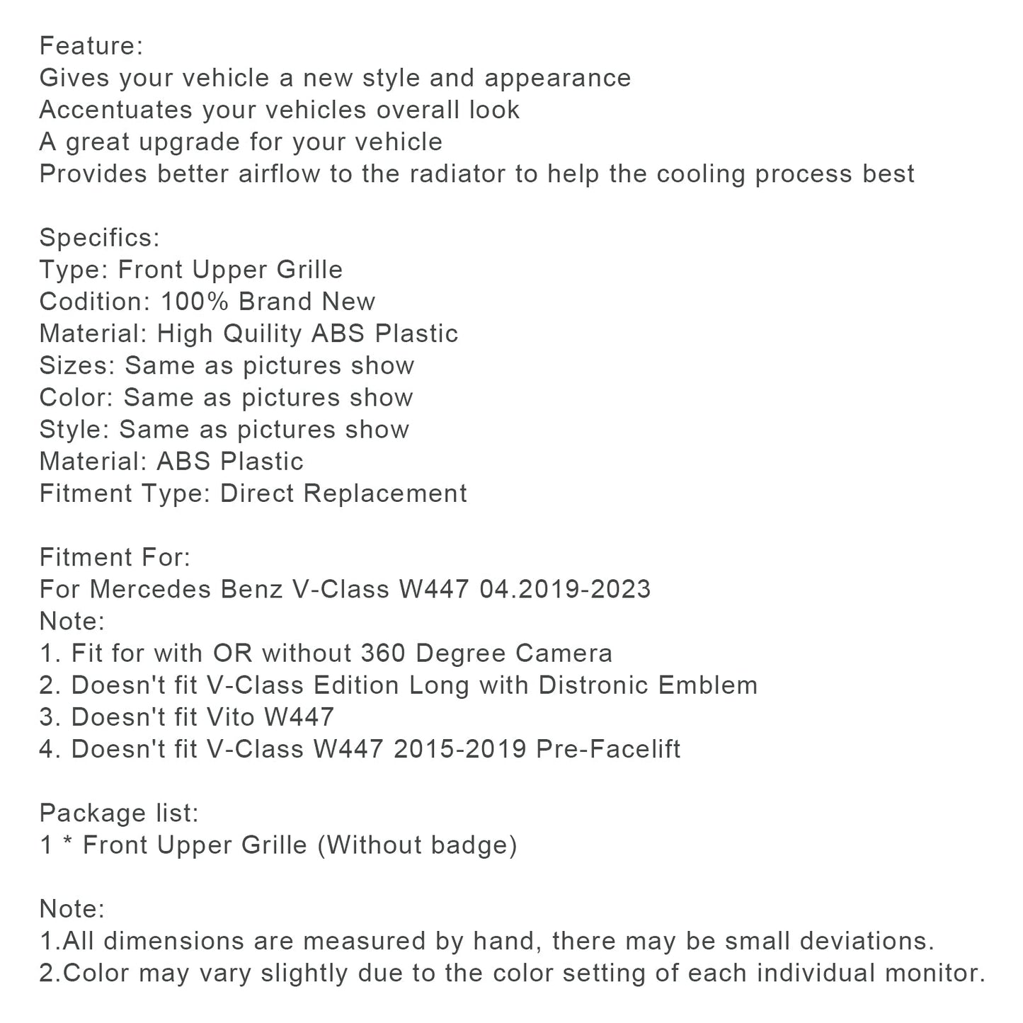 Per Mercedes Benz Classe V W447 2019.04-2023 Griglia anteriore superiore