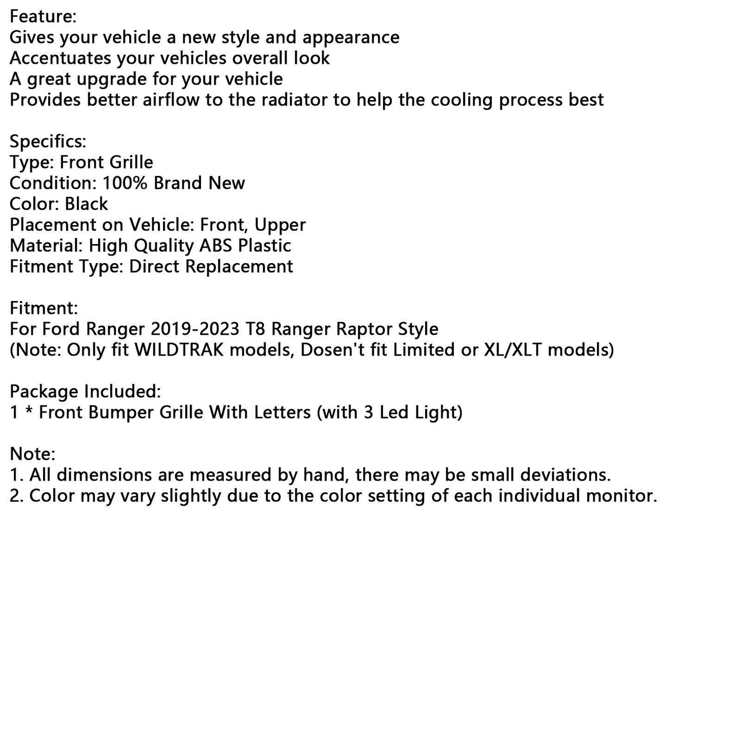 2019-2023 Ford Ranger T8 Ranger Grilla per paraurti anteriore in stile Raptor Nero W/LED