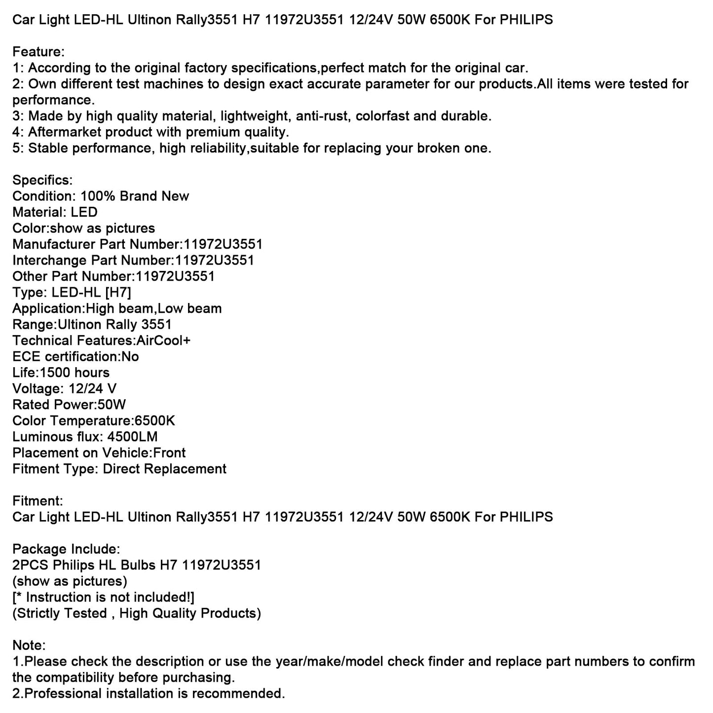 Luce auto LED-HL Ultinon Rally3551 H7 11972U3551 12/24V 50W 6500K per PHILIPS