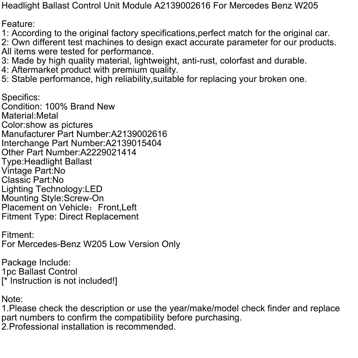Modulo Unità Controllo Ballast Faro A2139002616 Per Mercedes Benz W205