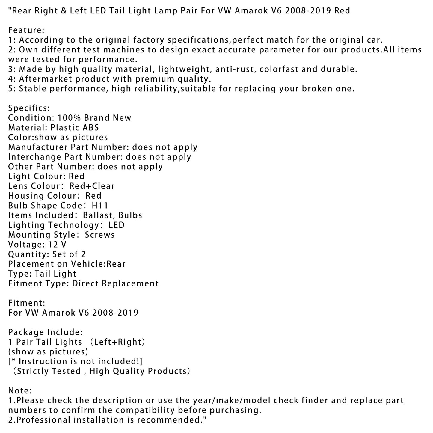 VW Amarok V6 2008-2019 Fanale posteriore a LED destro e sinistro, coppia, rosso
