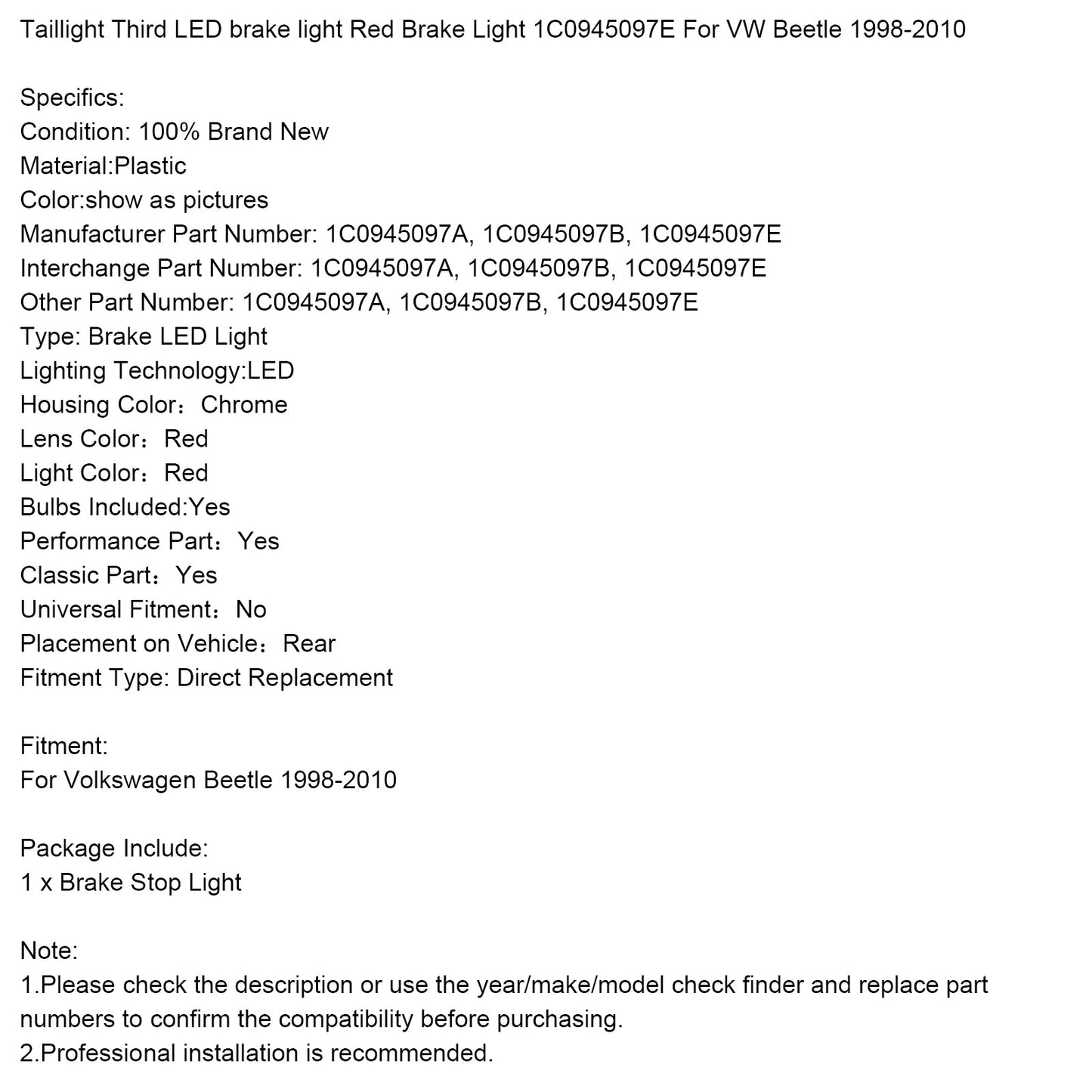 Fanale posteriore Terza luce di stop a LED Luce di stop rossa 1C0945097E per VW Maggiolino 1998-2010