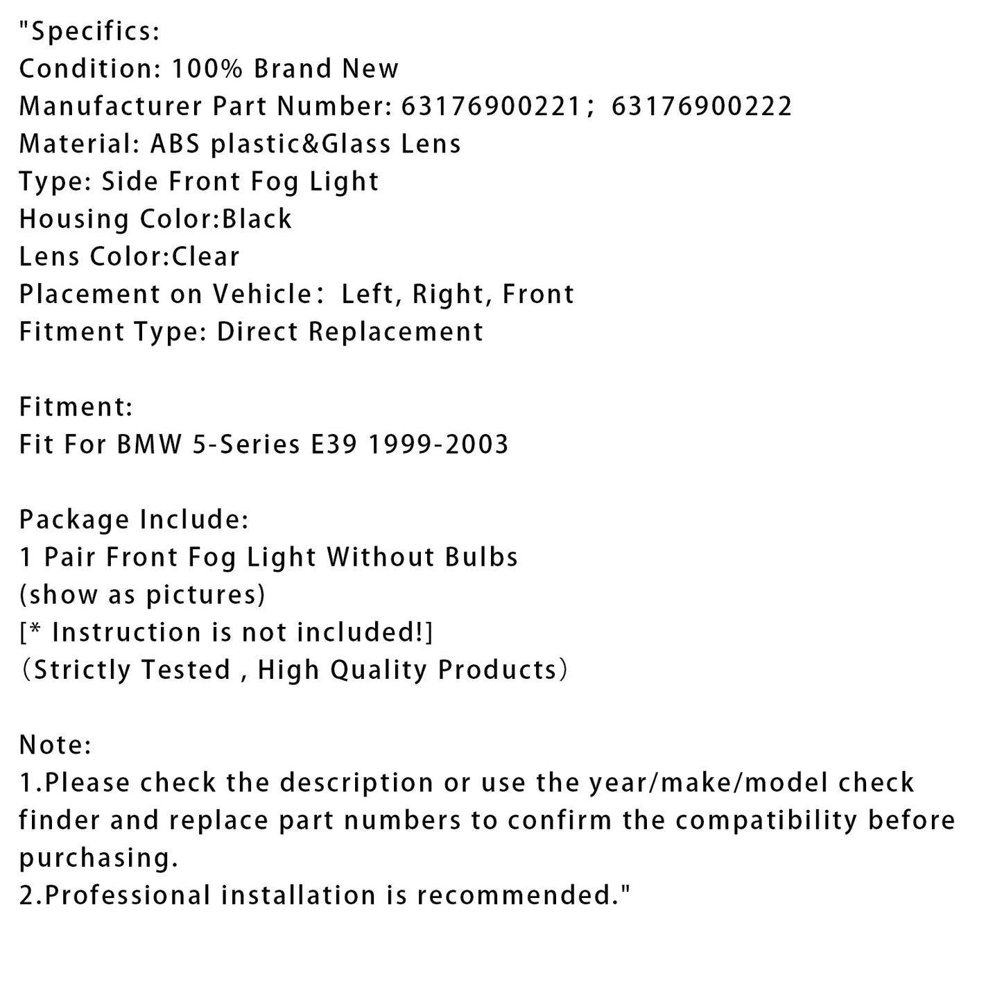 Coppia di fendinebbia anteriori per paraurti BMW E39 Serie 5 1999-2003 senza lampadine