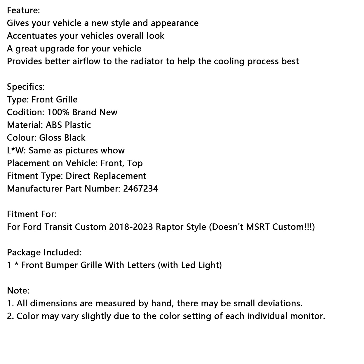 Per Ford Transit Custom Trail 2018-2023 W/3LED Gloss Black Bramper Grille