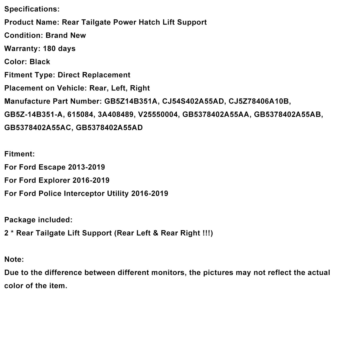Supporto di sollevamento per portellone elettrico posteriore 2 pezzi per Explorer Escape Police Interceptor Utility 2016-2019 GB5Z14B351A