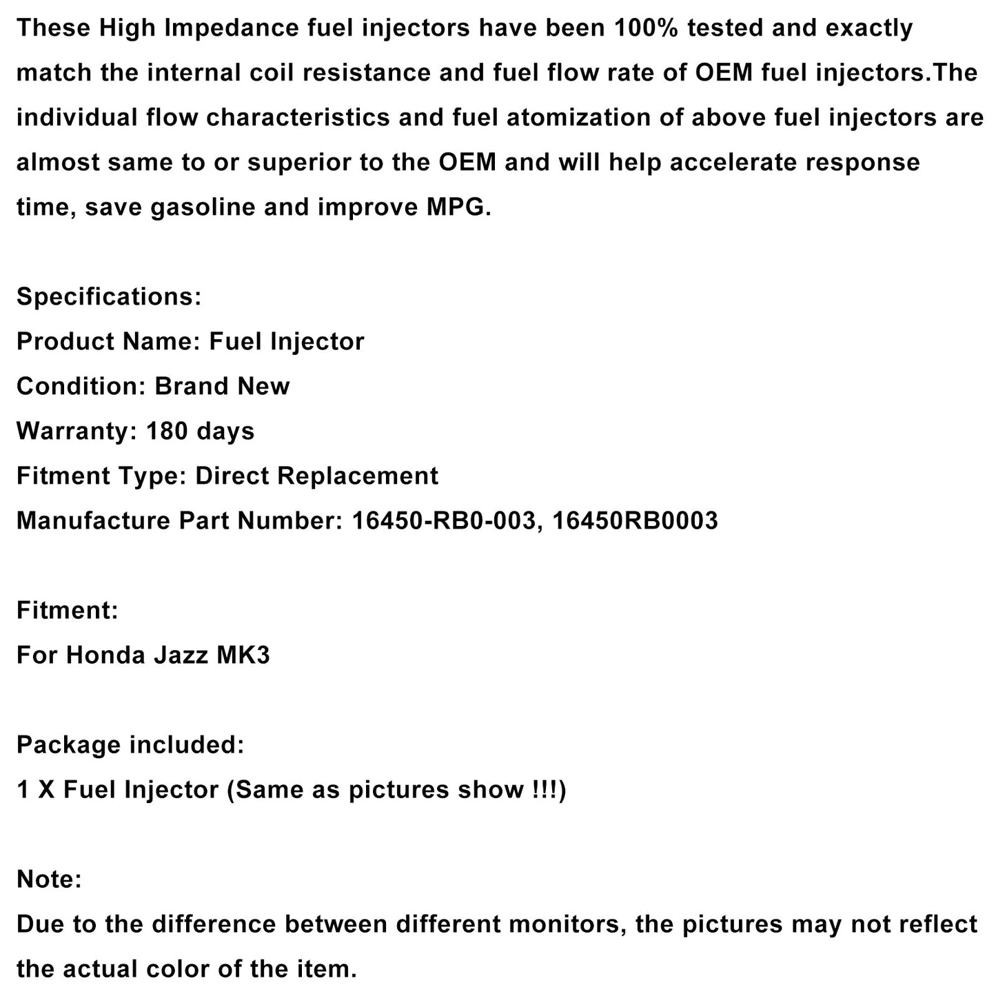 Iniettore di carburante Honda Jazz MK3 benzina 1 pezzo 16450-RB0-003 16450RB0003