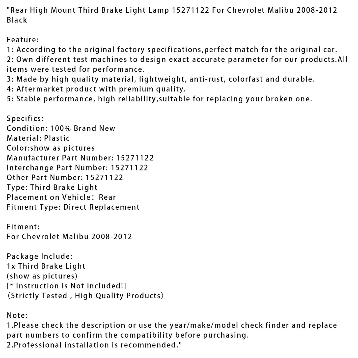 Lampada luce freno posteriore alta Chevrolet Malibu 2008-2012 nera