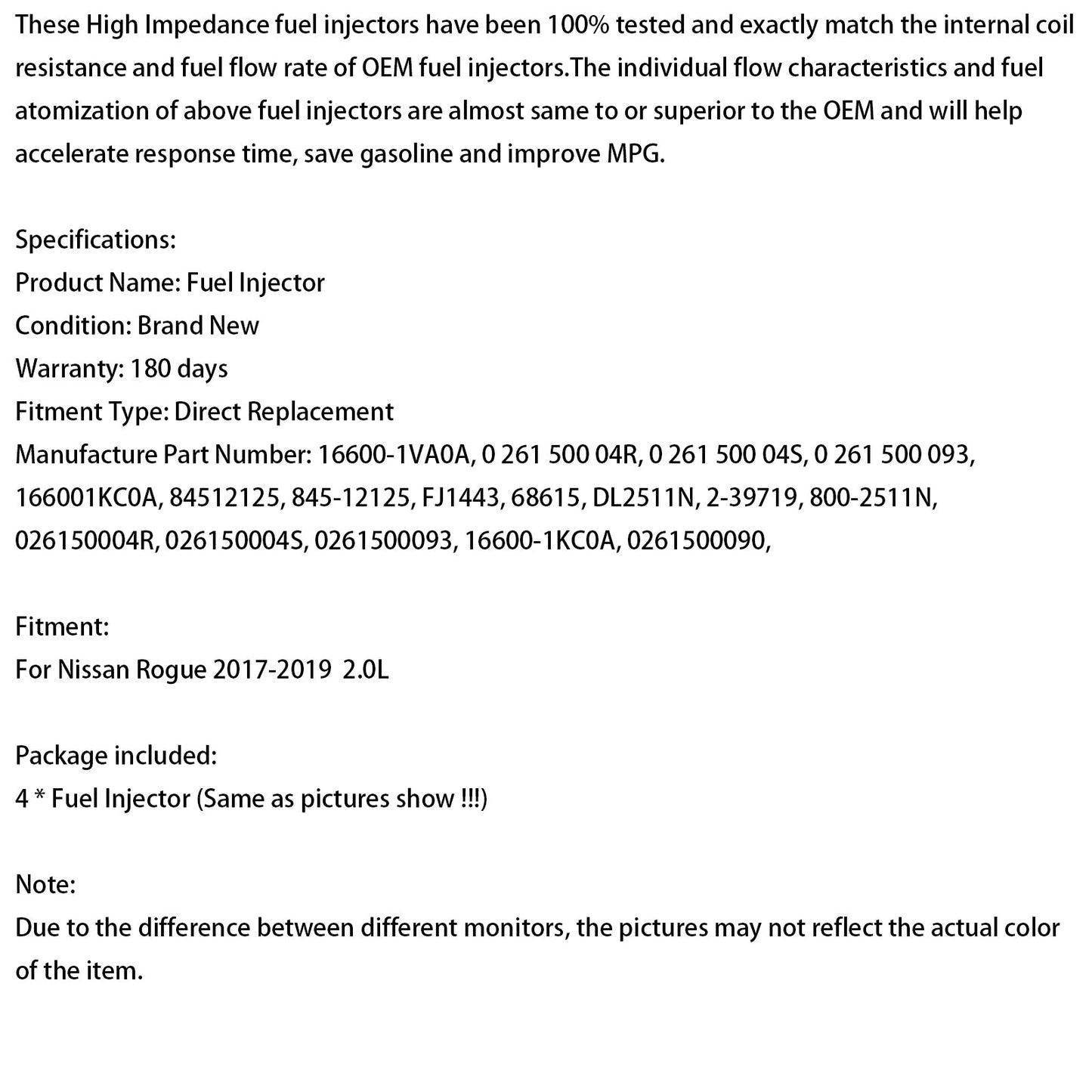 Iniettore di carburante Nissan Rogue 2.0L 4 pezzi 2017-2019 0261500090 16600-1VA0A