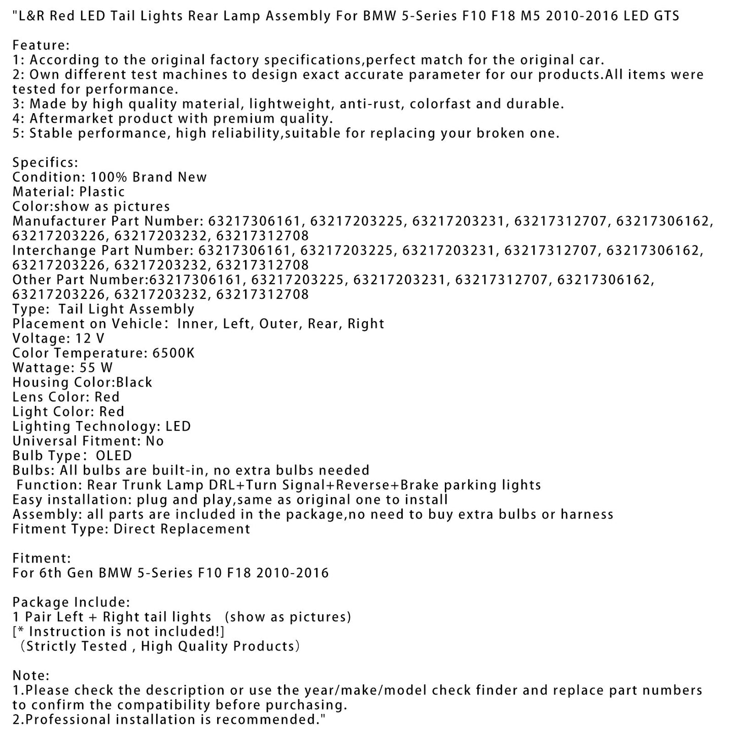 Gruppo ottico posteriore a LED rossi L&R per Serie 5 di sesta generazione 2010-2016 F10 F18 M5