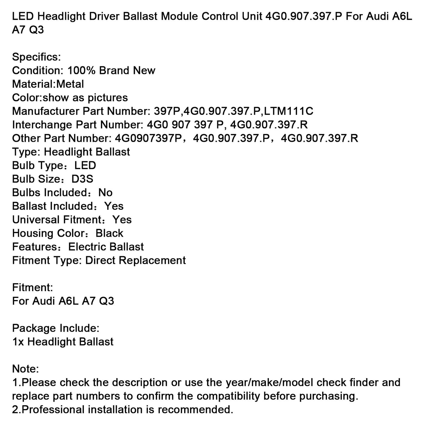 Unità di controllo del modulo di controllo del driver dei fari a LED 4G0.907.397.P per Audi