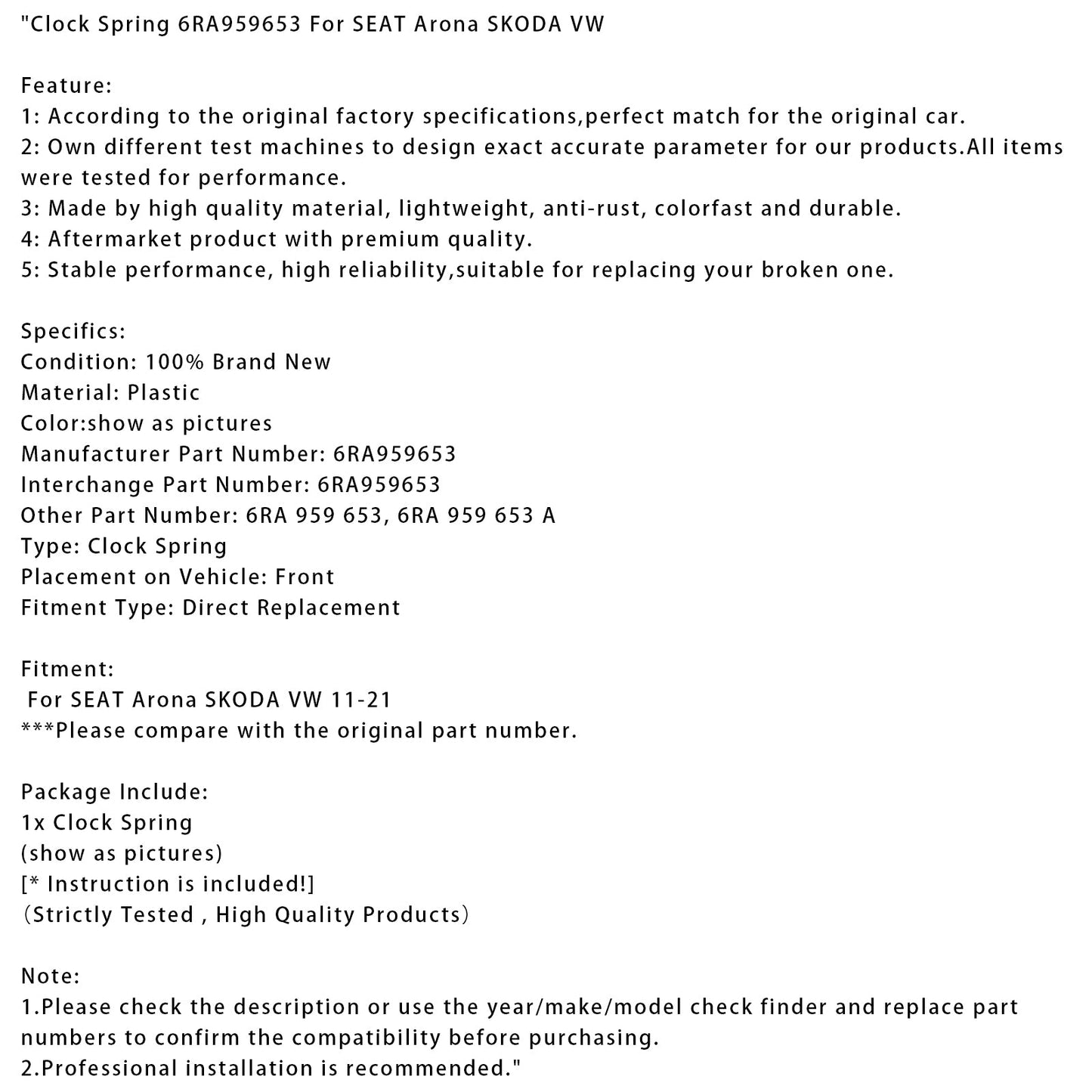 Molla dell'orologio SEAT Arona SKODA VW 2011-2021 6RA959653