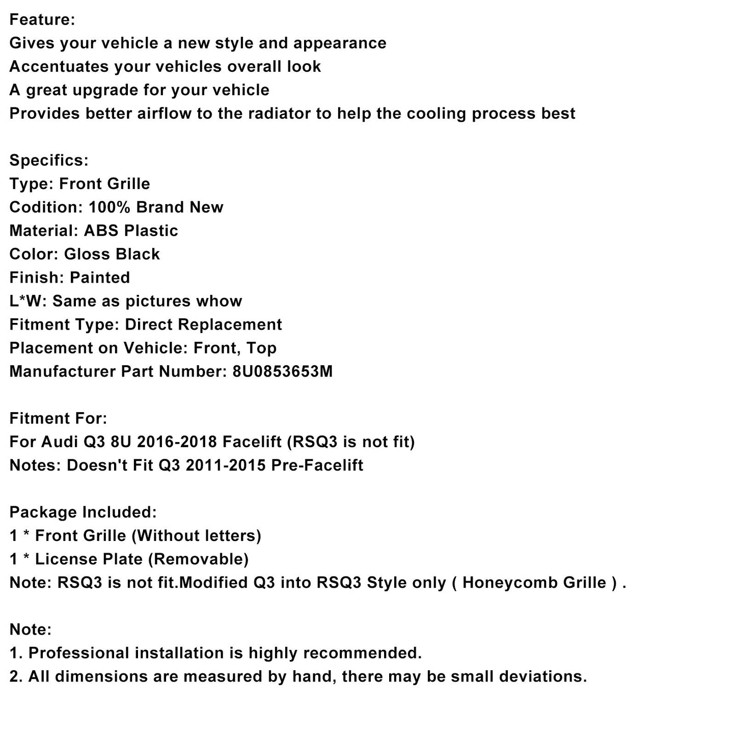 Griglia anteriore a nido d'ape Audi Q3 RSQ3 Style 2016-2018, nero lucido