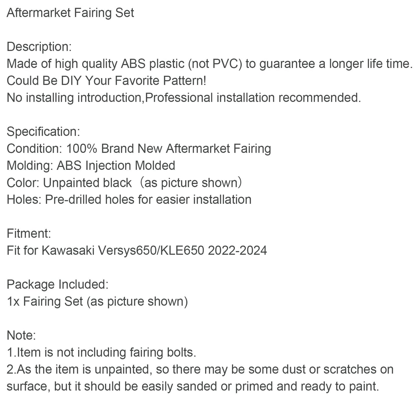 Carenatura Carrozzeria Iniezione Non Verniciata Per Kawasaki Versys 650 KLE 2022-2024