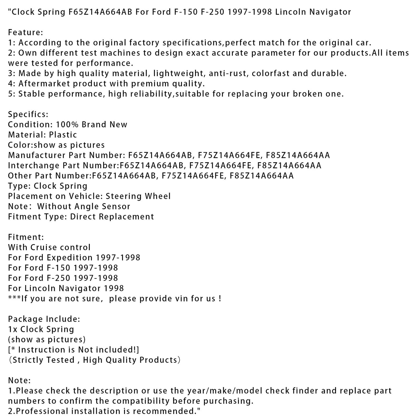 Molla dell'orologio F65Z14A664AB per Ford F-150 F-250 1997-1998 Lincoln Navigator