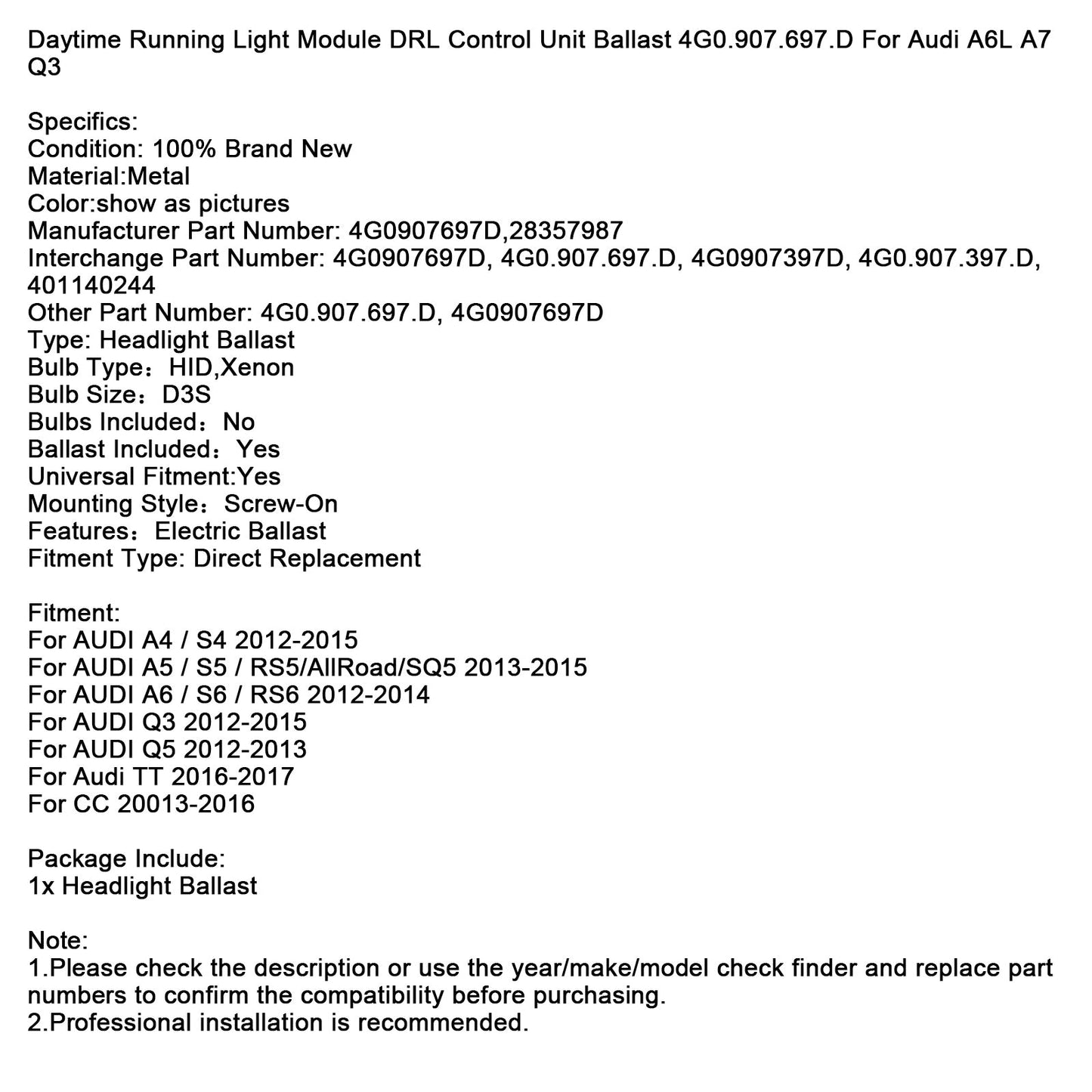 Modulo luci diurne DRL Unità di controllo Ballast 4G0.907.697.D per Audi