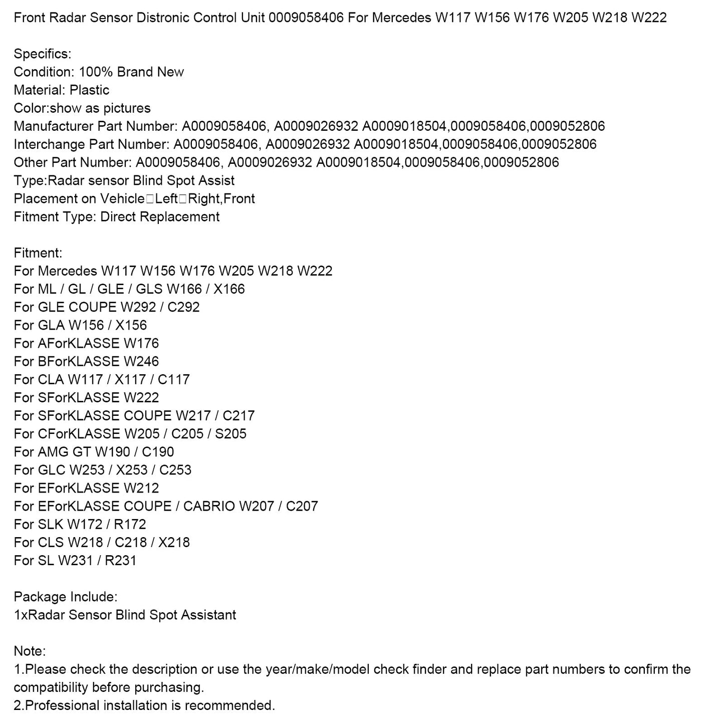 Mercedes Benz ML / GL / GLE / GLS W166 / X166 Sensore radar anteriore Unità di controllo Distronic 0009058406
