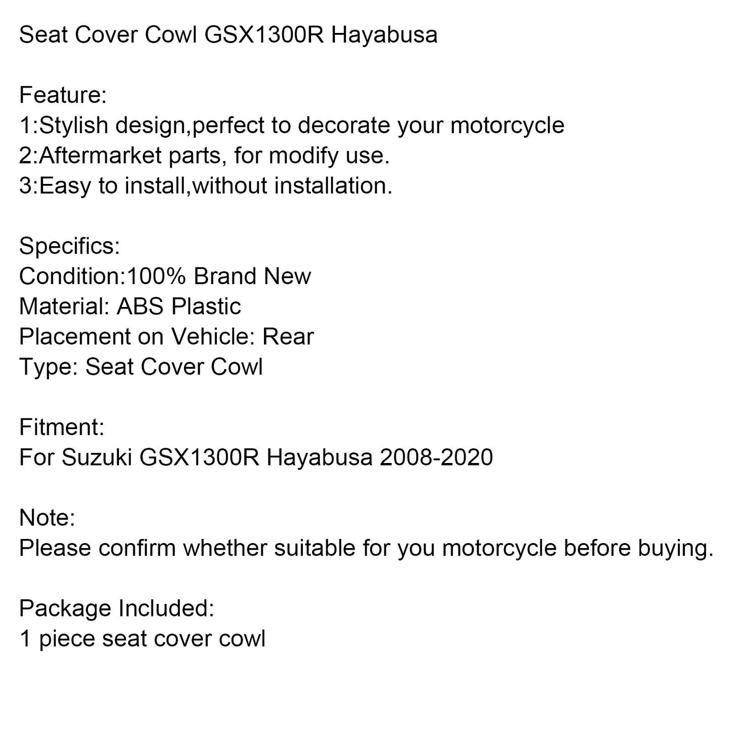 Copertura carenatura sedile posteriore Suzuki GSX1300R GSX-R1300 Hayabusa 2008-2020