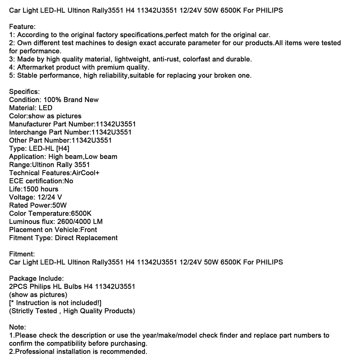 Luce auto LED-HL Ultinon Rally3551 H4 11342U3551 12/24V 50W 6500K per PHILIPS