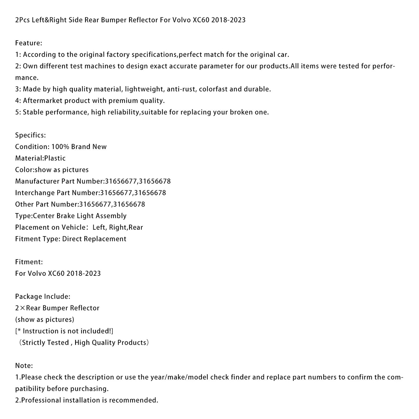 Riflettore paraurti posteriore sinistro e destro Volvo XC60 2018-2023 (2 pezzi)