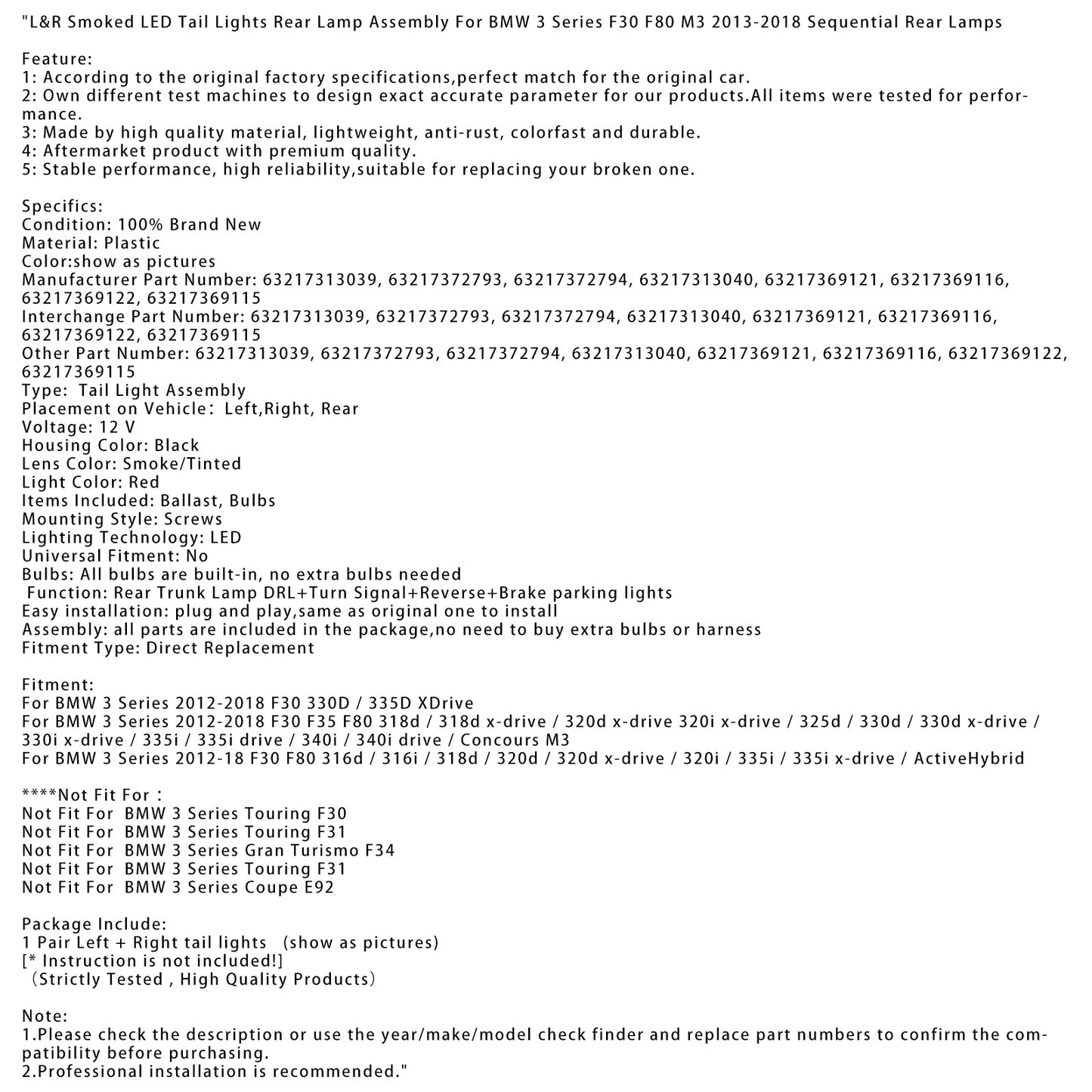 Gruppo ottico posteriore a LED fumé L&R per BMW 3 F30 F80 M3 2013-2018