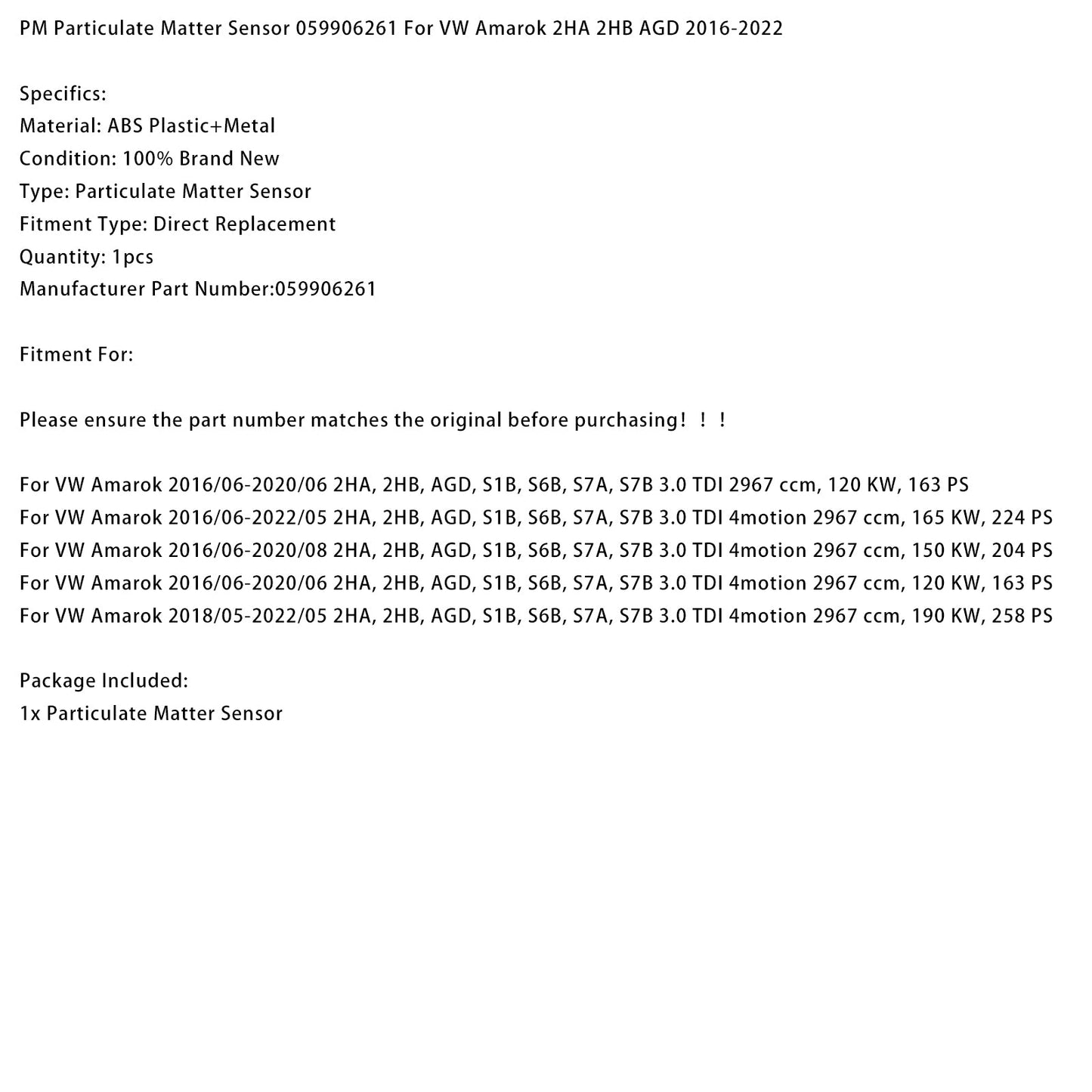 Sensore di particolato PM 059906261 per VW Amarok 2HA 2HB AGD 2016-2022