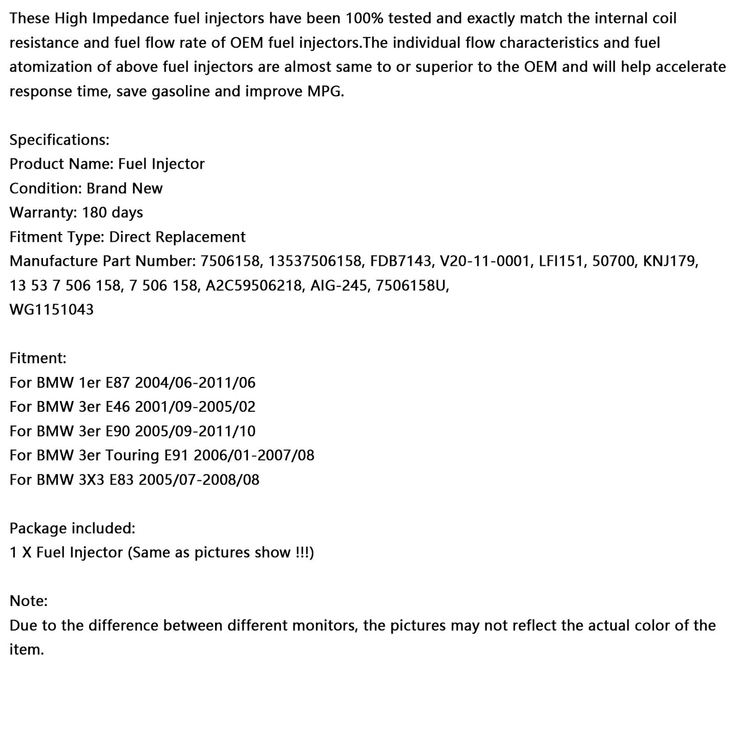 1 iniettore di carburante 13537506158 adatto per BMW 116i 120i 316i 318i 320i X3 Z4 7506158