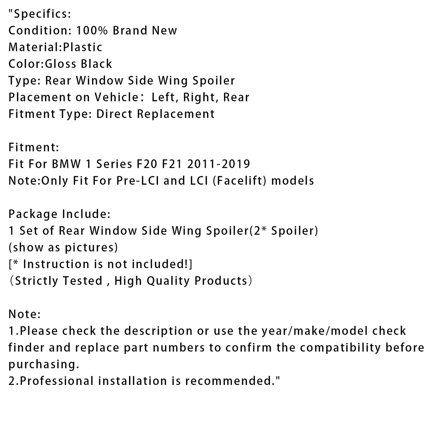 Spoiler laterali per lunotto posteriore BMW Serie 1 F20 F21, nero lucido, coppia, 2012-2019