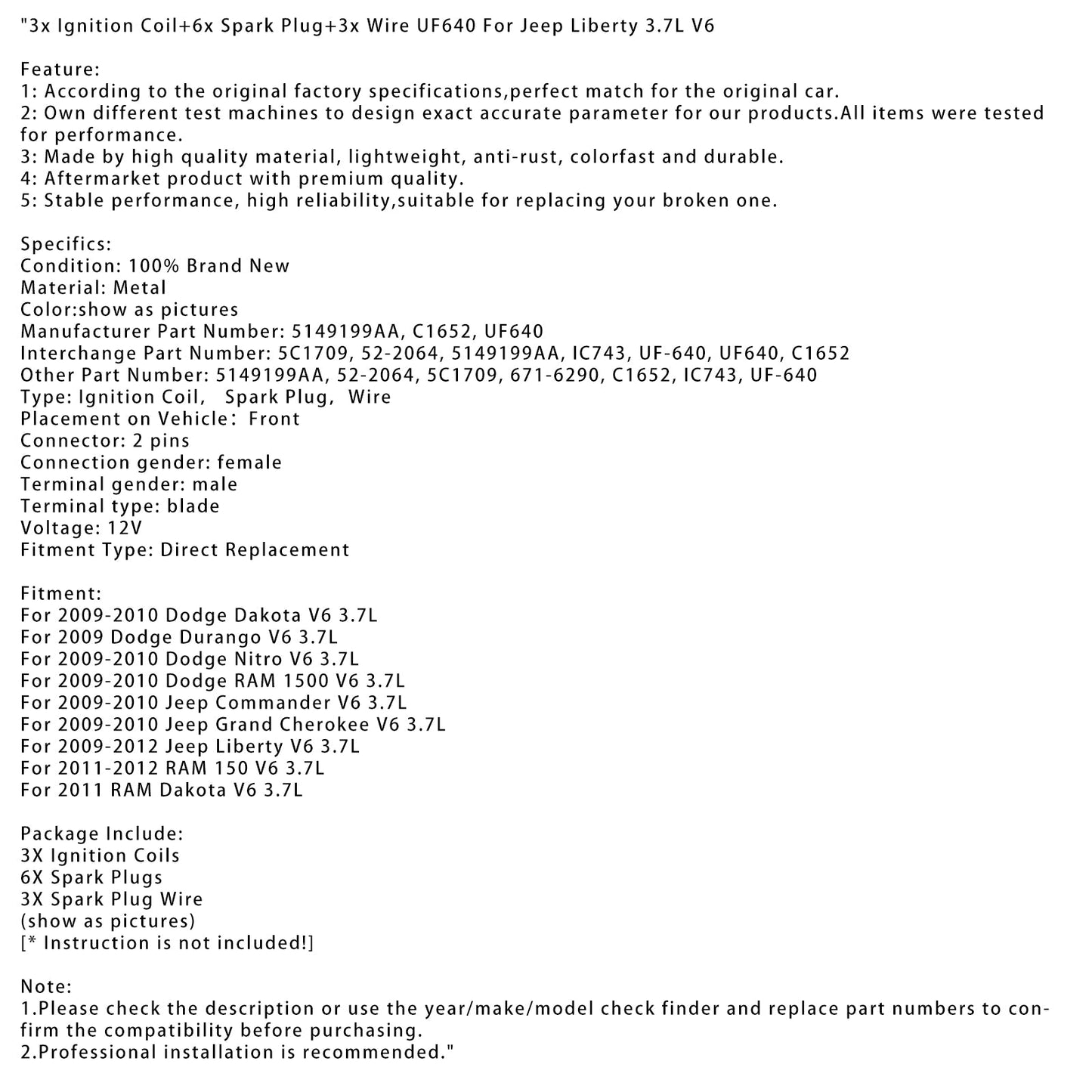 2009-2010 Dodge RAM 1500 V6 3.7L 3x Bobina di accensione+6x Candela+3x Cavo UF640