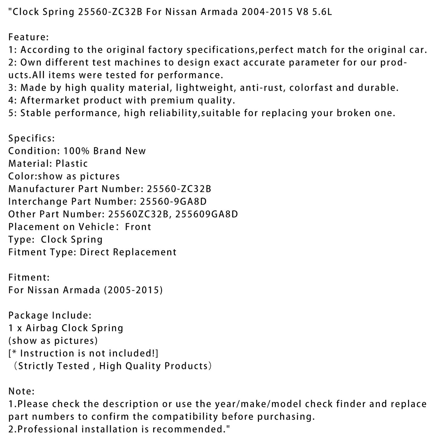 Nissan Armada V8 5.6L 2004-2015 Clock Spring 25560-ZC32B