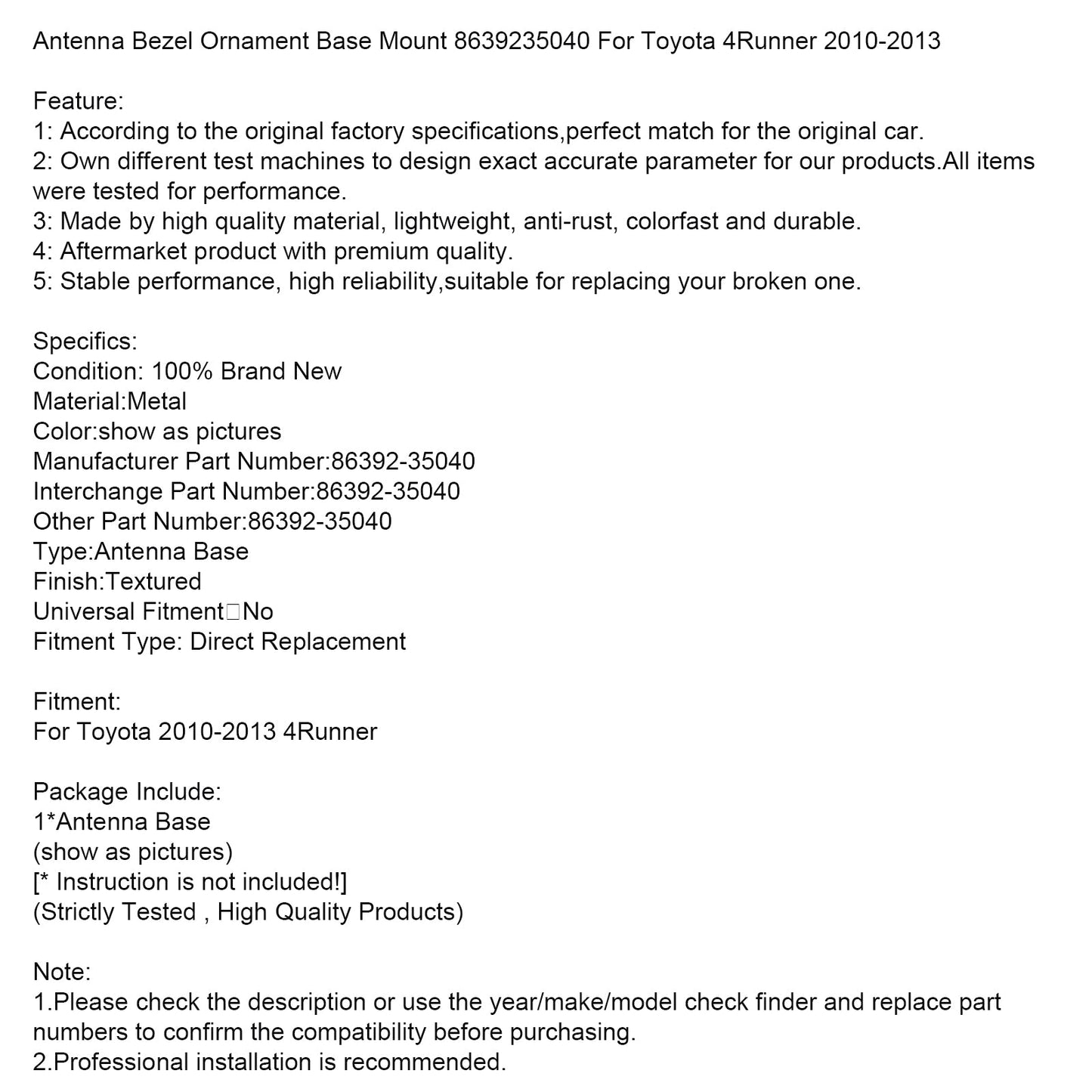 Base di montaggio per ornamento della cornice dell'antenna Toyota 4Runner 2010-2013 8639235040