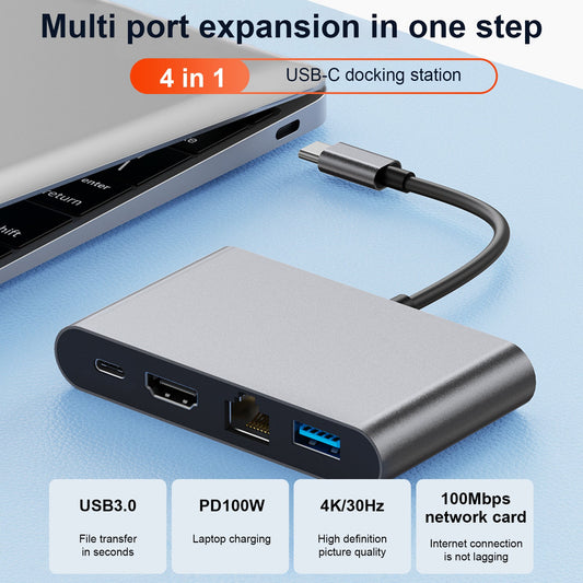 Stazione di aggancio 4 in 1 TYPE-C a RJ45 100M HDMI USB3.0 PD Interfaccia per MacBook