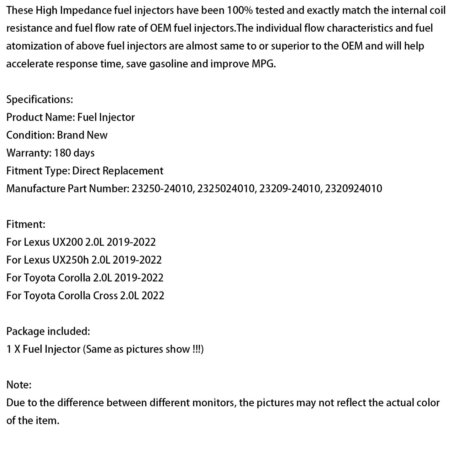 1 iniettore di carburante 23250-24010 per Lexus UX200 UX250h, Corolla 2019-2022