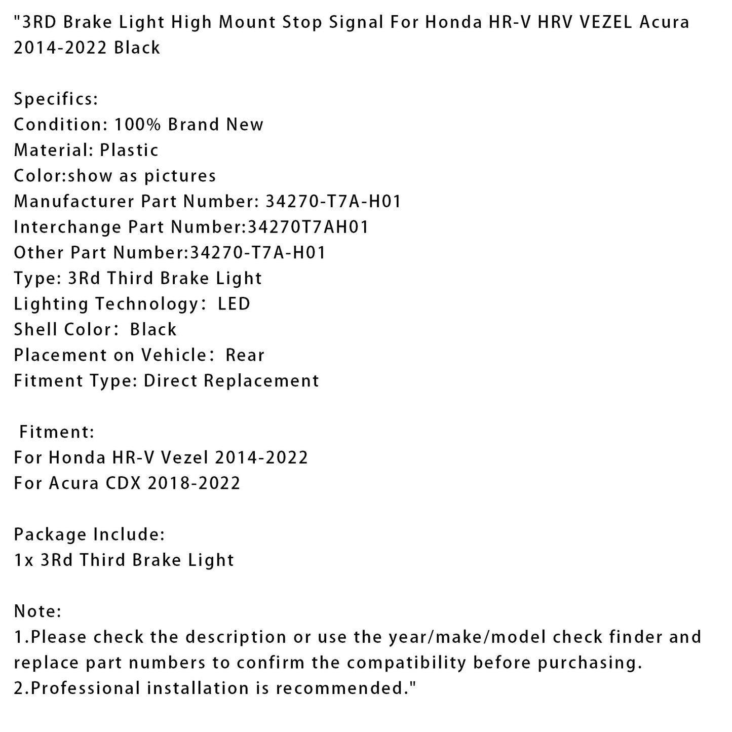 Terza luce freno segnale di stop alto per Honda HR-V HRV VEZEL Acura 2014-2022