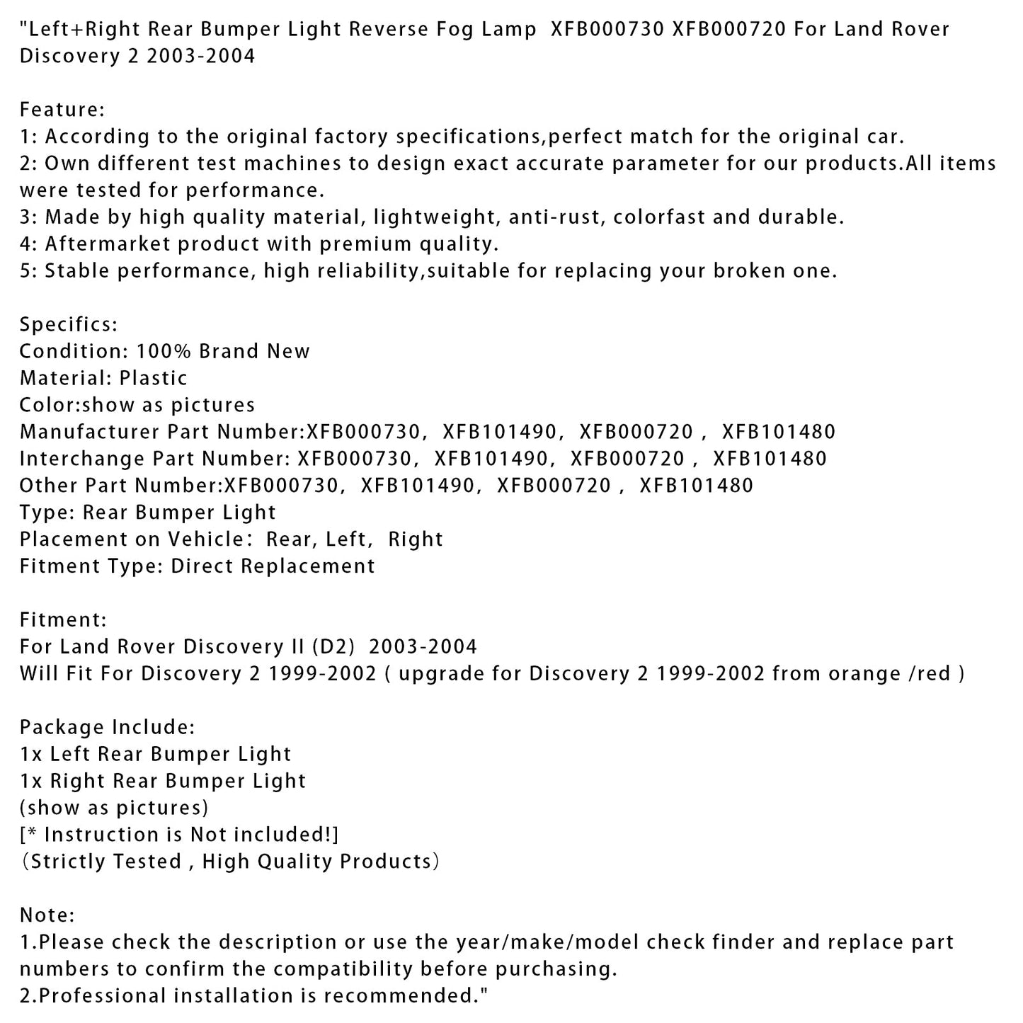 Luce paraurti posteriore sinistra+destra Land Rover Discovery 2 2003-2004, luce retromarcia fendinebbia