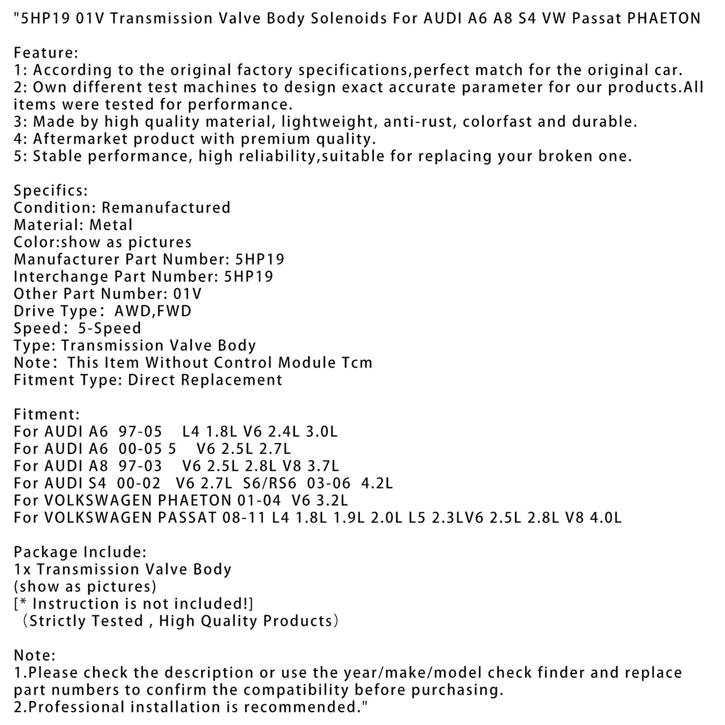 Solenoidi corpo valvola trasmissione AUDI A8 V6 2.5L 2.8L V8 3.7L 5HP19 01V 1997-2003